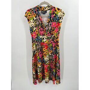 Lesley Evers Floral V-Neck Empire Waist Cap Sleeve Dress Multi-Color Small